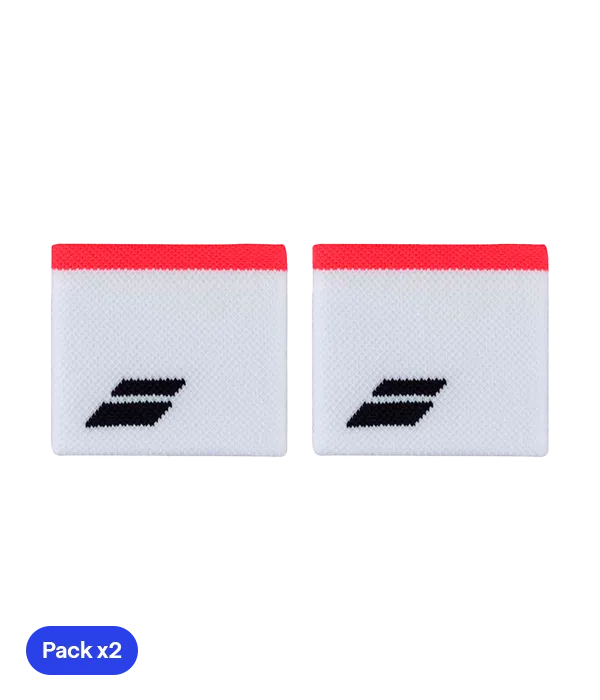 Muñequeras Babolat Blancas Logo Negro Franja Roja (Pack x2)