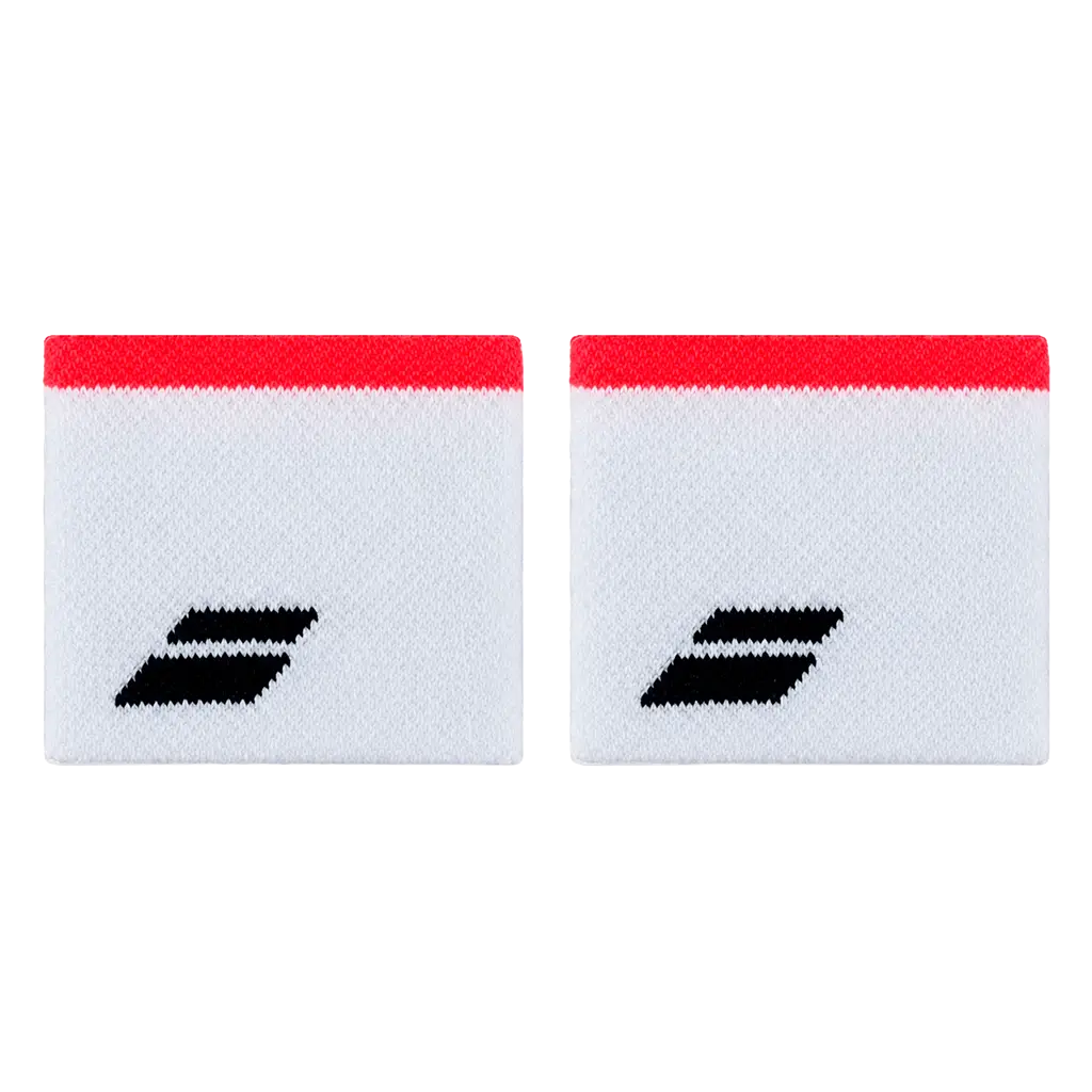 Muñequeras Babolat Blancas Logo Negro Franja Roja (Pack x2)
