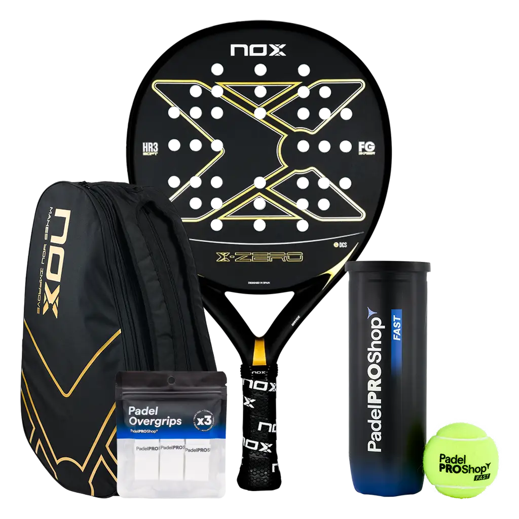 Pacote Nox X-Zero Preto/Ouro + Paletero Street Black/Gold + Bolas de padel Fast + 3 Overgrips