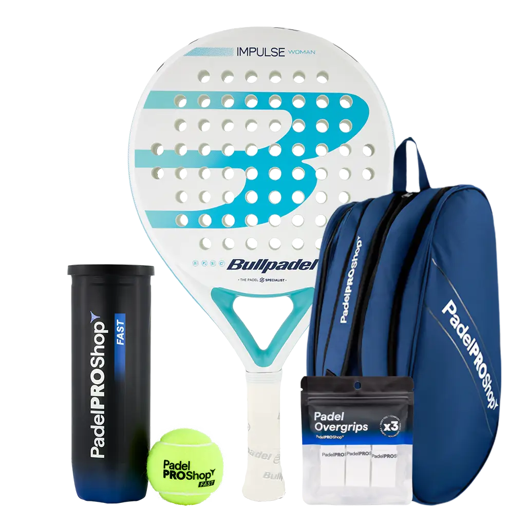 Bullpadel Padel Racket Pack Impulse W 2026 (Exclusive PadelPROShop) + Padel bag PadelPROShop Blue + Can of PadelPROShop Padel Balls Fast + Pack 3 Overgrips PadelPROShop
