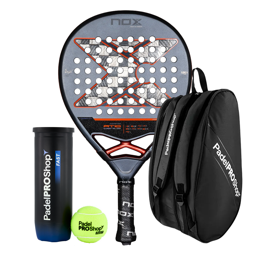Pack Nox AT10 Genius 18K Alum 2025 Agustín Tapia + Paletero PadelPROShop Negro + Pelotas PadelPROShop Fast