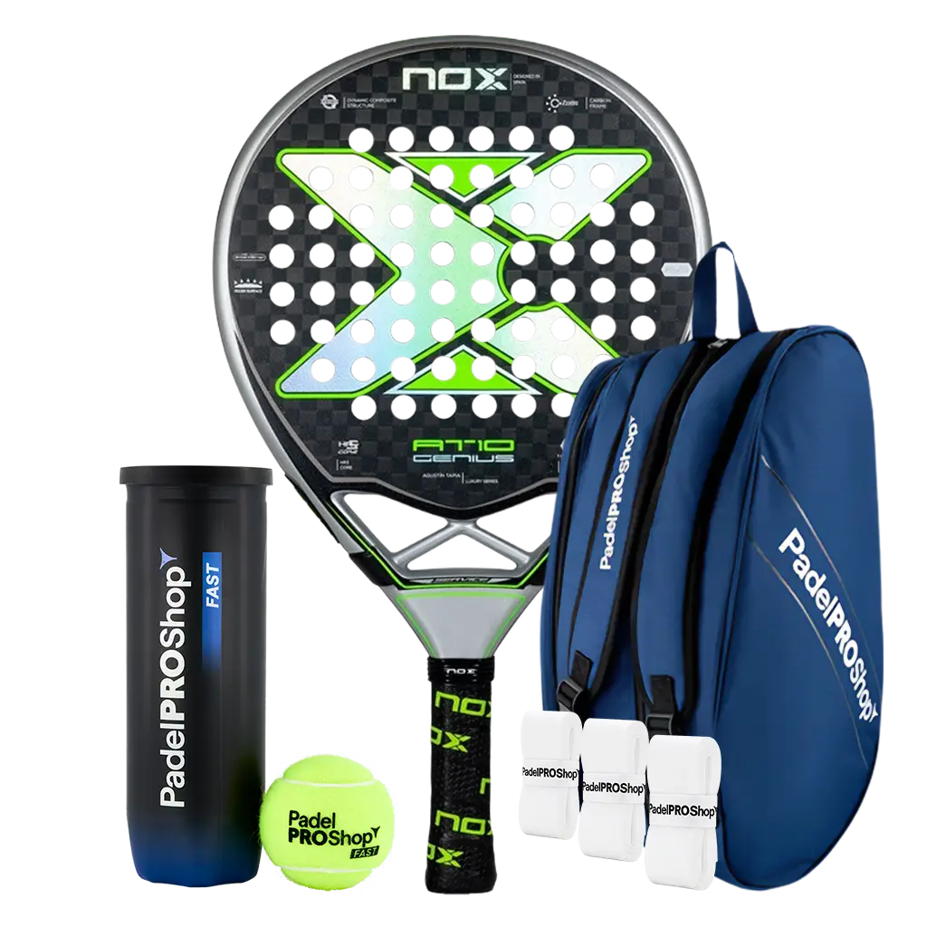 Pack Pala Nox AT10 Genius 12K Limited Edition Agustín Tapia (Exclusiva PadelPROShop) + Paletero PadelPROShop azul + Bote de Pelotas PadelPROShop Fast + Pack 3 Overgrips PadelPROShop