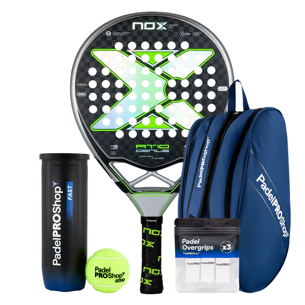 Pack Pala Nox AT10 Genius 12K Limited Edition Agustín Tapia (Exclusiva PadelPROShop) + Paletero PadelPROShop azul + Bote de Pelotas PadelPROShop Fast + Pack 3 Overgrips PadelPROShop
