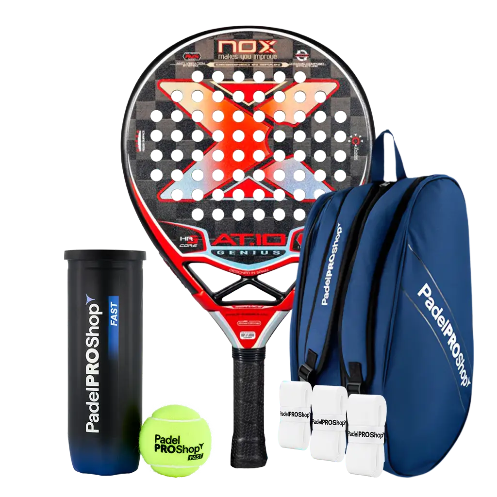 Pack Pala Nox AT10 Genius 18K Limited Edition Agustín Tapia (Exclusiva PadelPROShop) + Paletero PadelPROShop azul + Bote de Pelotas PadelPROShop Fast + Pack 3 Overgrips PadelPROShop