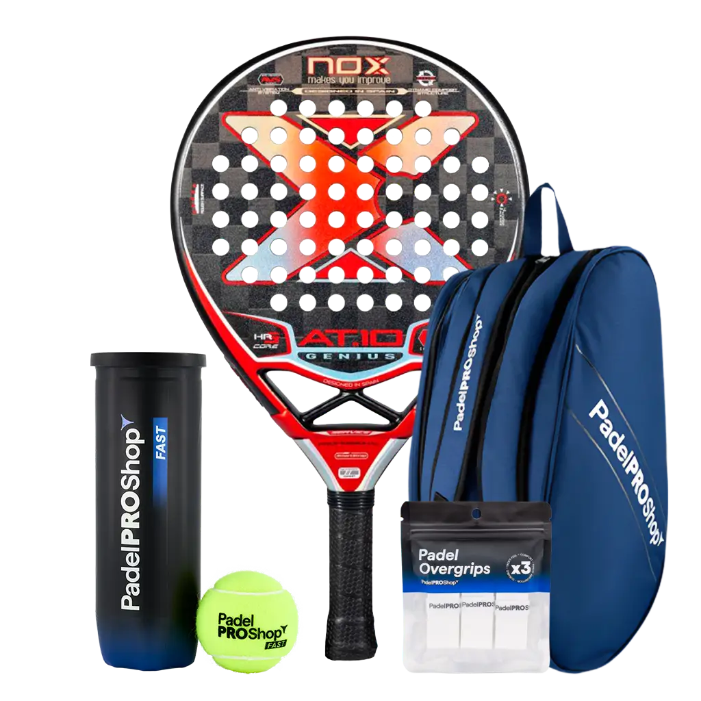 Pack Pala Nox AT10 Genius 18K Limited Edition Agustín Tapia (Exclusiva PadelPROShop) + Paletero PadelPROShop azul + Bote de Pelotas PadelPROShop Fast + Pack 3 Overgrips PadelPROShop