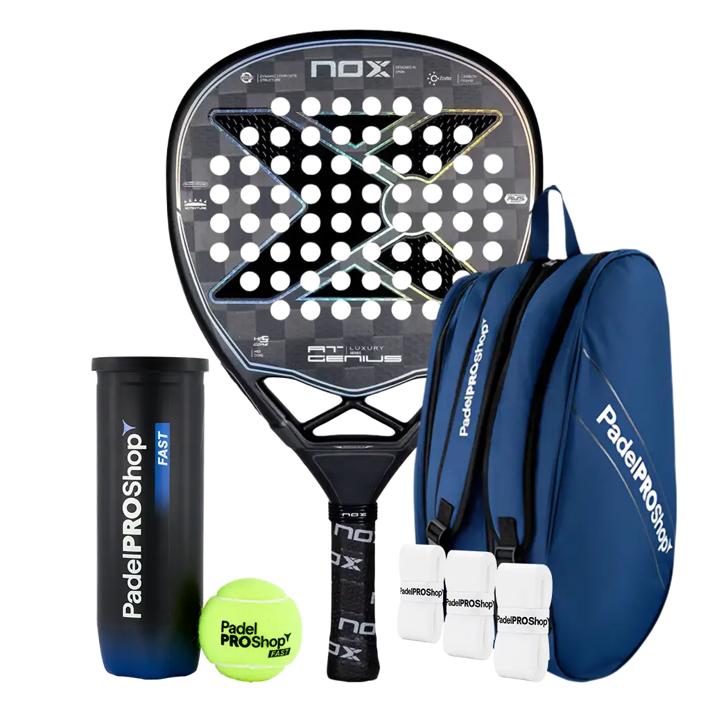 Pack Pala Nox AT10 Genius Attack 18K Limited Edition (Exclusiva PadelPROShop) + Paletero PadelPROShop azul + Bote de Pelotas PadelPROShop Fast + Pack 3 Overgrips PadelPROShop