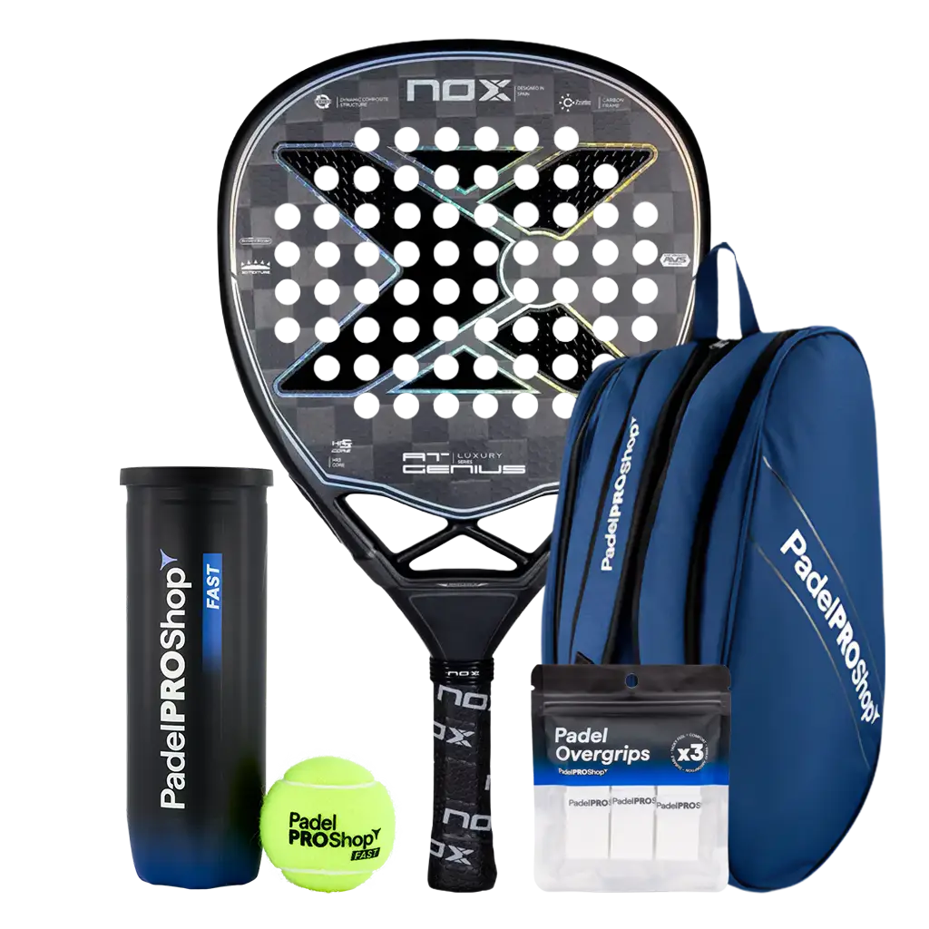 Pack Pala Nox AT10 Genius Attack 18K Limited Edition (Exclusiva PadelPROShop) + Paletero PadelPROShop azul + Bote de Pelotas PadelPROShop Fast + Pack 3 Overgrips PadelPROShop