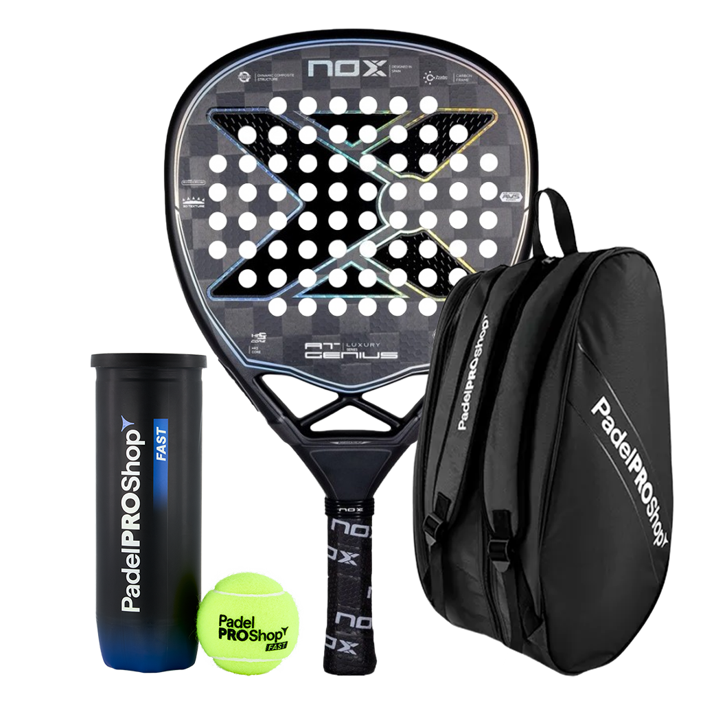Pack Raquette de Padel Nox AT10 Genius Attack 18K Limited Edition + Sac de padel PadelPROShop + Balles de padel PadelPROShop Fast