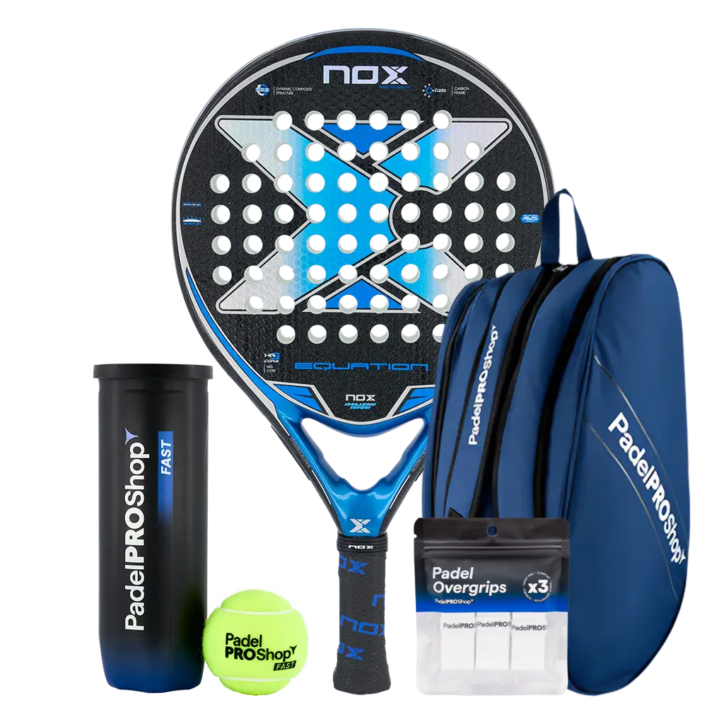 Pack Pala Nox Equation Advanced Series (Exclusiva PadelPROShop) + Paletero PadelPROShop azul + Bote de Pelotas PadelPROShop Fast + Pack 3 Overgrips PadelPROShop