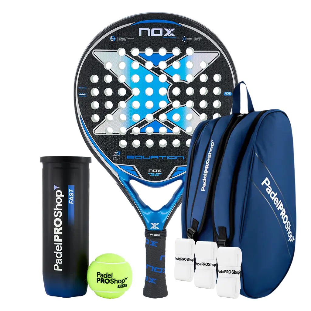 Pack Pala Nox Equation Advanced Series (Exclusiva PadelPROShop) + Paletero PadelPROShop azul + Bote de Pelotas PadelPROShop Fast + Pack 3 Overgrips PadelPROShop