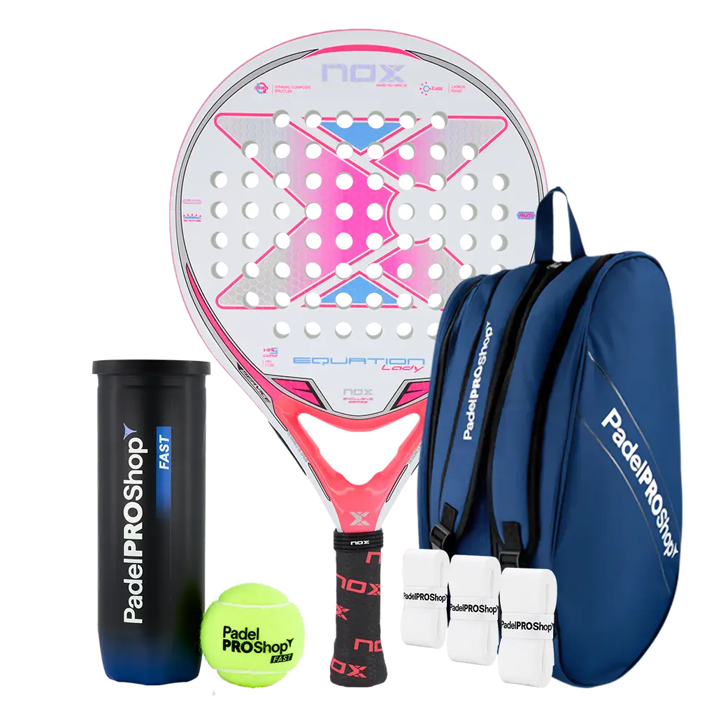Pack Pala Nox Equation Lady Advanced Series (Exclusiva PadelPROShop) + Paletero PadelPROShop azul + Bote de Pelotas PadelPROShop Fast + Pack 3 Overgrips PadelPROShop