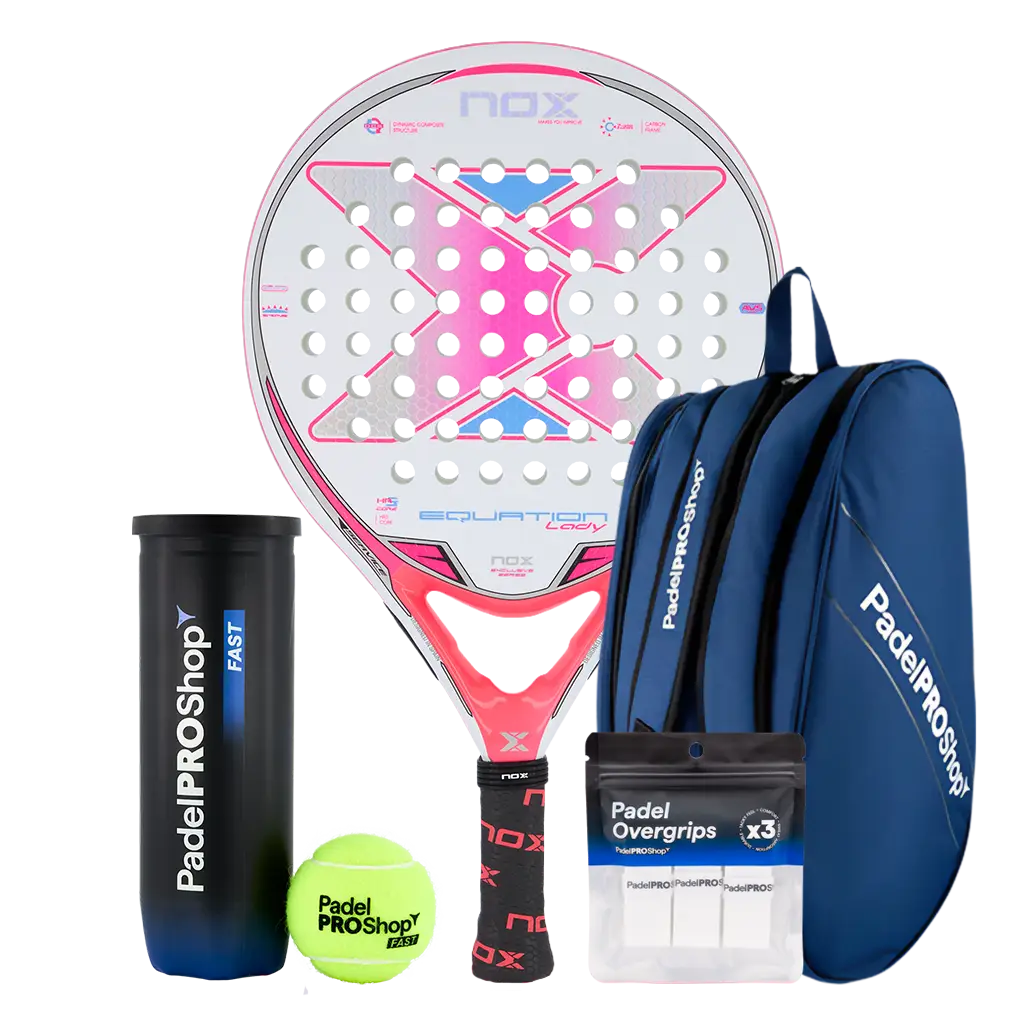 Pack Pala Nox Equation Lady Advanced Series (Exclusiva PadelPROShop) + Paletero PadelPROShop azul + Bote de Pelotas PadelPROShop Fast + Pack 3 Overgrips PadelPROShop