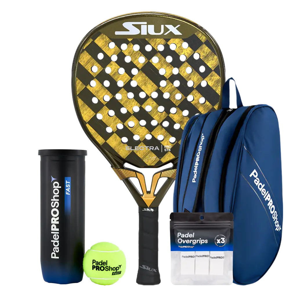 Pack Pala Siux Electra Pro ST4 2025 F. Stupaczuk + Paletero PadelPROShop azul + Bote de Pelotas PadelPROShop Fast + Pack 3 Overgrips PadelPROShop