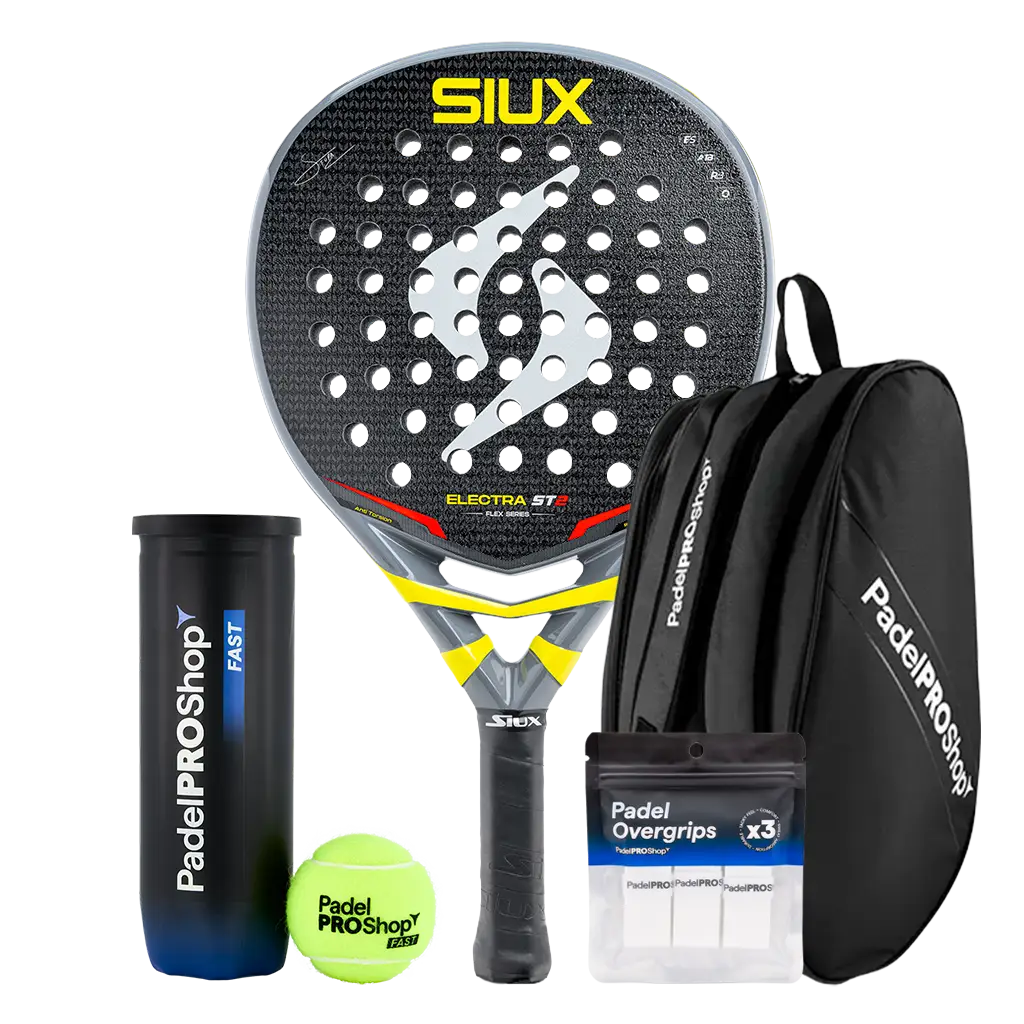 Pack Pala Siux Electra ST2 Flex 2026 (Exclusiva PadelPROShop) + Paletero PadelPROShop Negro + Bote de Pelotas PadelPROShop Fast + Pack 3 Overgrips PadelPROShop