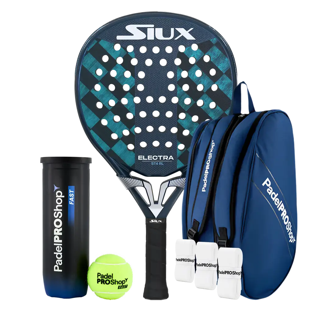 Pack Pala Siux Electra ST4 Rulo (Exclusiva PadelPROShop) + Paletero PadelPROShop azul + Bote de Pelotas PadelPROShop Fast + Pack 3 Overgrips PadelPROShop