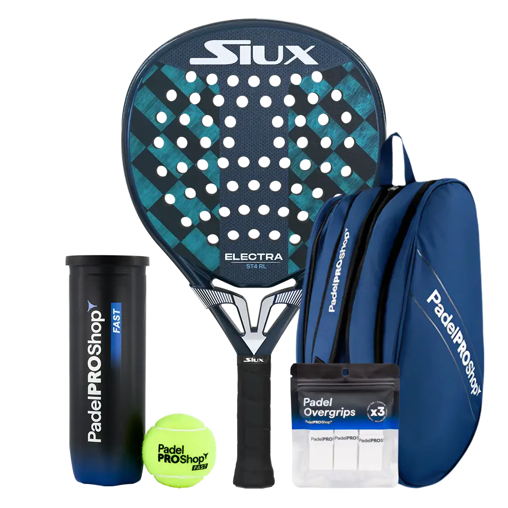 Pack Pala Siux Electra ST4 Rulo (Exclusiva PadelPROShop) + Paletero PadelPROShop azul + Bote de Pelotas PadelPROShop Fast + Pack 3 Overgrips PadelPROShop