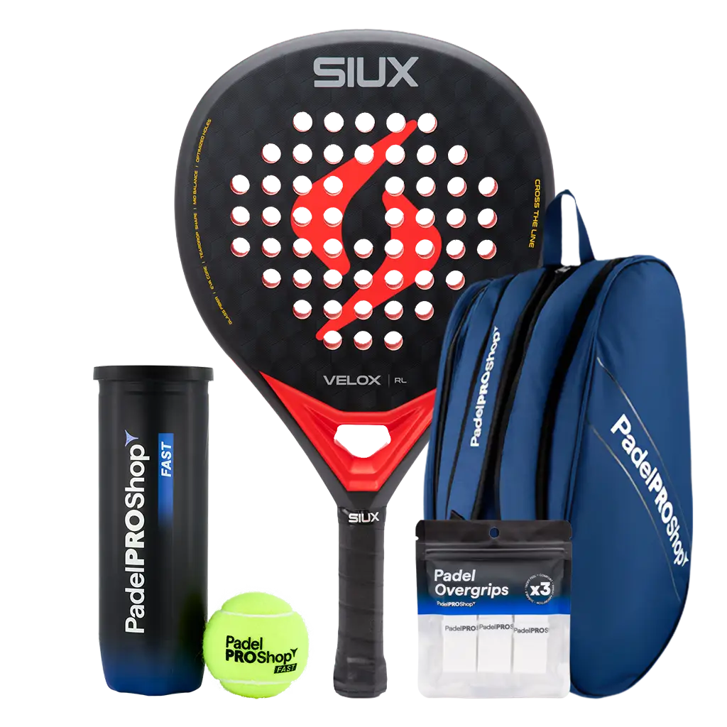 Siux Padel Racket Pack Velox Rulo Black (Exclusive PadelPROShop) + Padel bag PadelPROShop Blue + Can of PadelPROShop Padel Balls Fast + Pack 3 Overgrips PadelPROShop