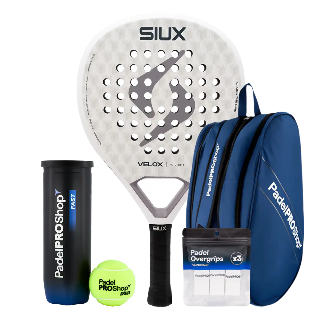 Siux Padel Racket Pack Velox Rulo Light (Exclusive PadelPROShop) + Padel bag PadelPROShop Blue + Can of PadelPROShop Padel Balls Fast + Pack 3 Overgrips PadelPROShop