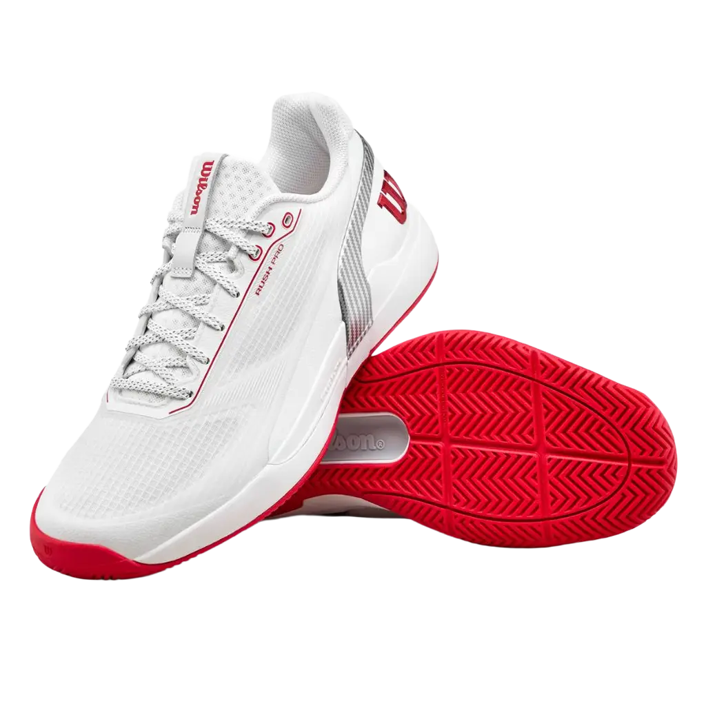 Sapatilhas de padel Wilson Rush Tour 5 CTC Branco Brilhante/Wilson Red/Microchip 2026