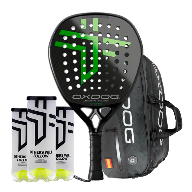Packen Padelschläger Oxdog Ultimativer Profi 2025 + Padel-Tasche Oxdog FEP Hyper Pro Thermo Padel-Tasche + 3 Dosen Bälle Oxdog BOOST